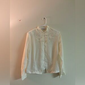 Vintage Cathy Che Ivory Embroidered Blouse Size 14 Shoulder Pads Button Front